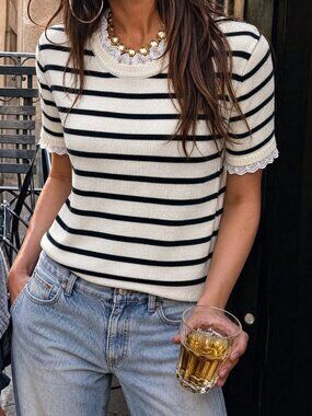 Black And White Casual Women's & Striped Knit Short Sleeve Top